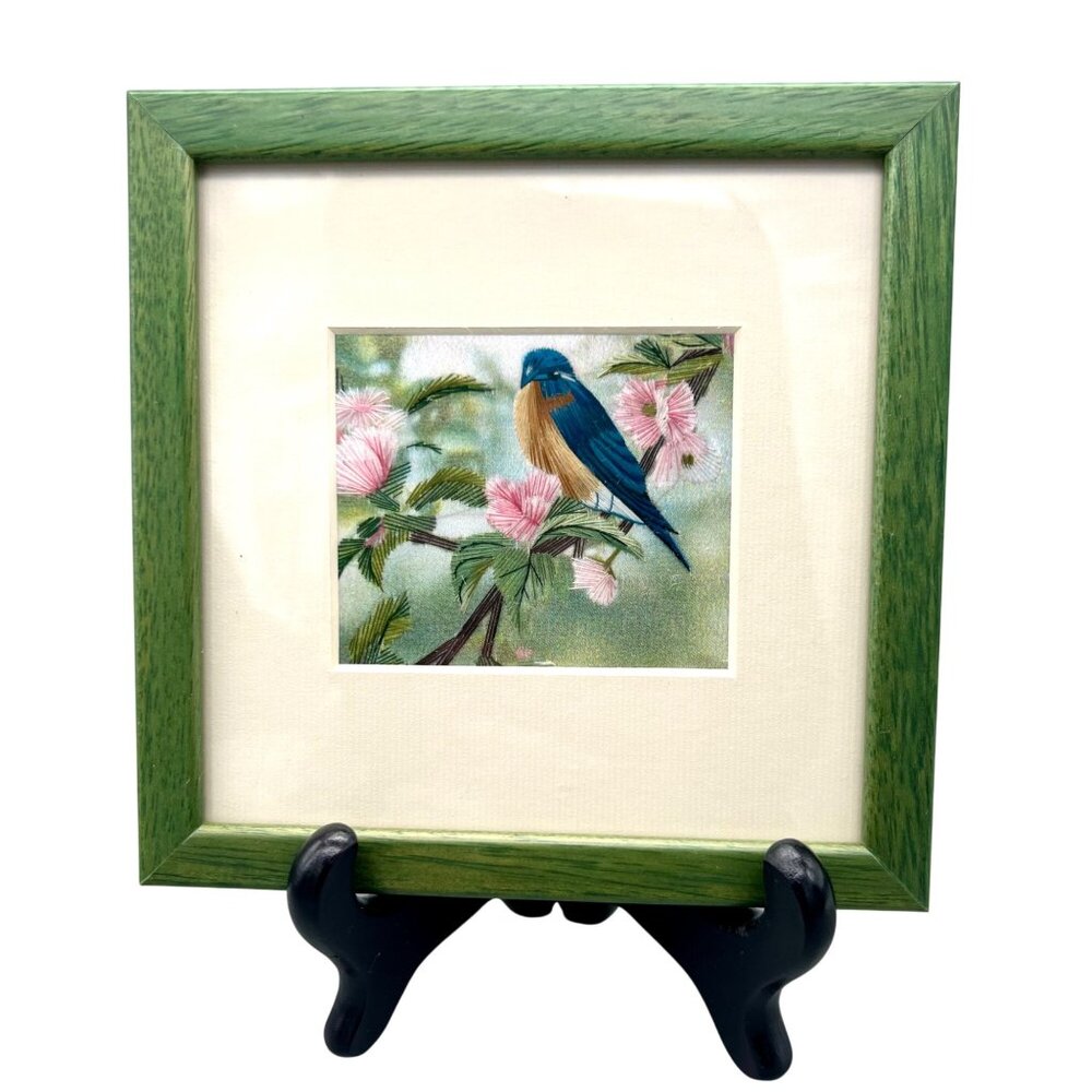 Hand-Stitched Blue Bird Floral Embroidery In Green Wooden Frame Gift Box 6"x6"